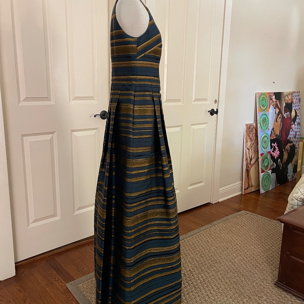 Kay Unger Navy and Gold Striped Halter Wedding Guest Gown - Picture 7 of 15